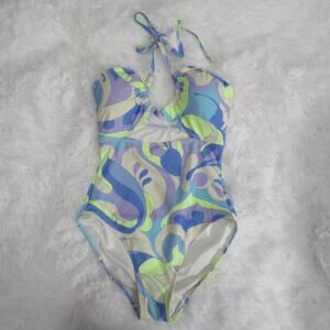 GAP Womens Sz S Blue and Neon Yellow Recycled Halter One-Piece Swimsuit Retro